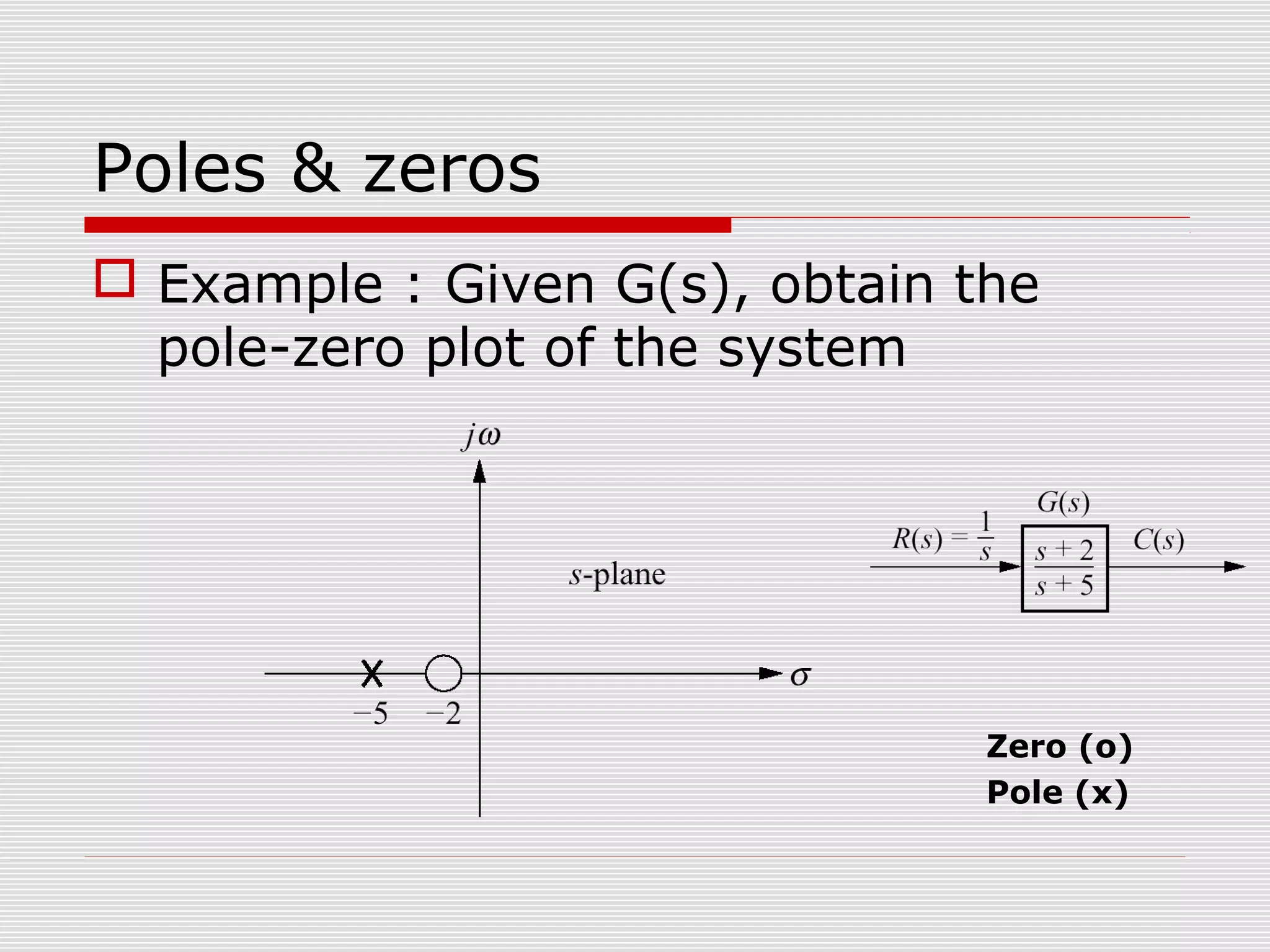 Poles & zeros
 Example : Given G(s), obtain the
pole-zero plot of the system

Zero (o)
Pole (x)

 