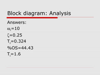 Block diagram: Analysis
Answers:
ωn=10
ζ=0.25
Tp=0.324
%OS=44.43
Ts=1.6

 
