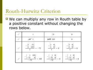 Routh-Hurwitz Criterion


We can multiply any row in Routh table by
a positive constant without changing the
rows below.

 