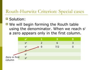 Routh-Hurwitz Criterion: Special cases
Solution:
 We will begin forming the Routh table
using the denominator. When we reach s3
a zero appears only in the first column.


s5

1

3

5

s4

2

6

3

s3

0

7/2

0

s2
s1
Zero in first
column

s0

 