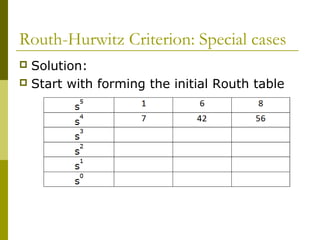 Routh-Hurwitz Criterion: Special cases
Solution:
 Start with forming the initial Routh table


 
