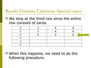 Routh-Hurwitz Criterion: Special cases


We stop at the third row since the entire
row consists of zeros.



When this happens, we need to do the
following procedure.

 