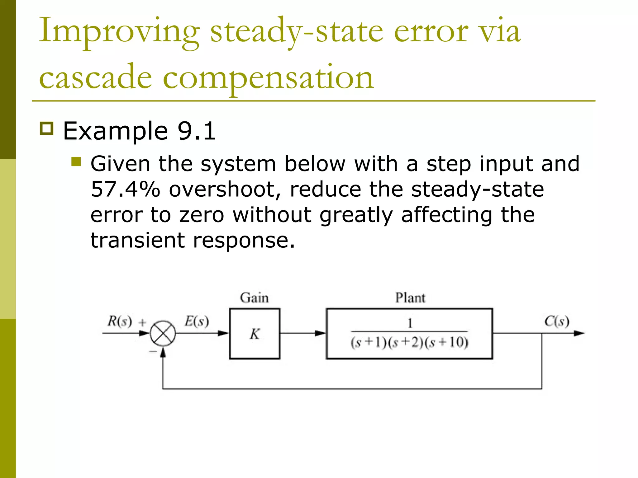 Improving steady-state error via
cascade compensation


Example 9.1


Given the system below with a step input and
57.4% overshoot, reduce the steady-state
error to zero without greatly affecting the
transient response.

 