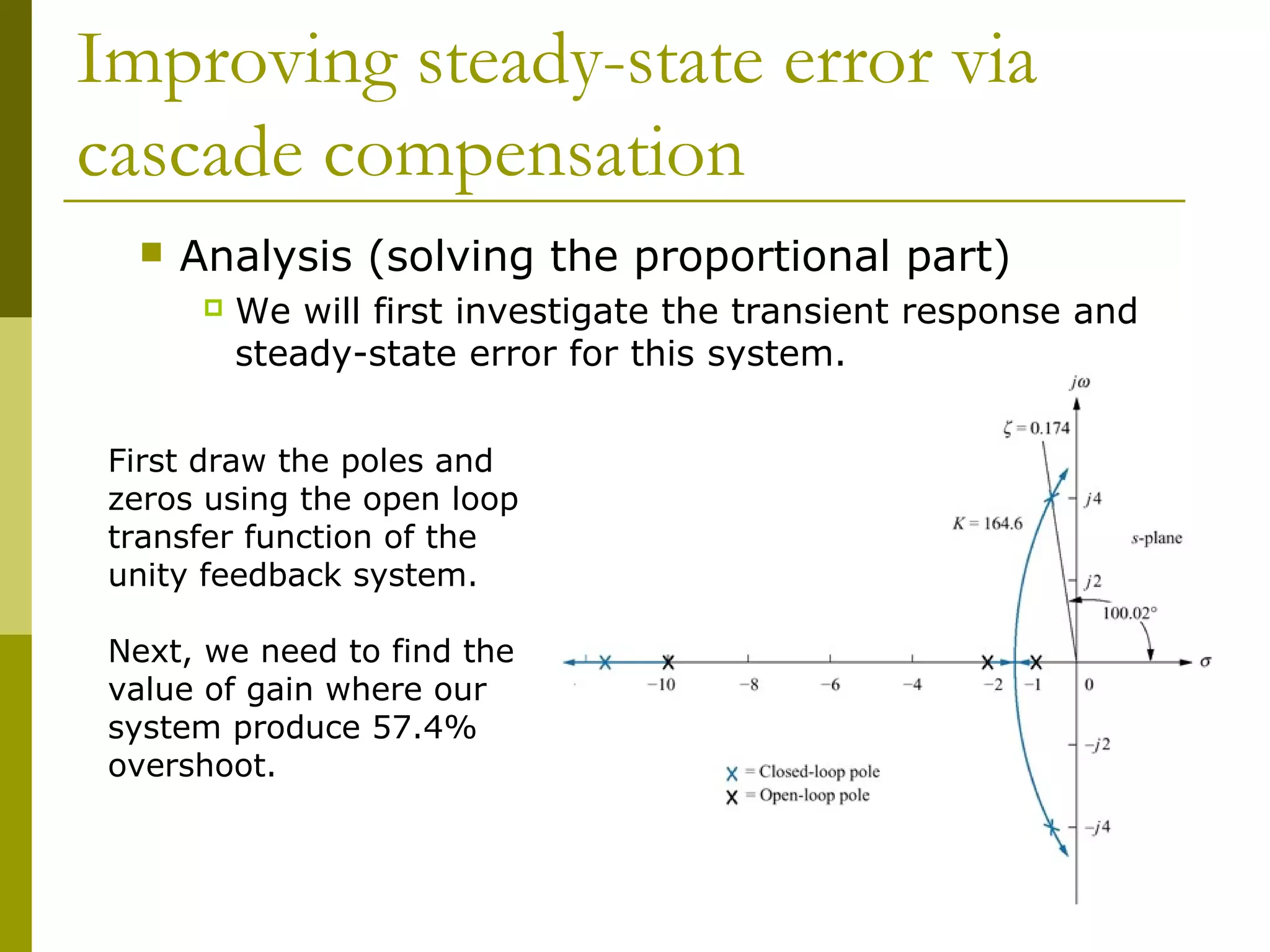 Improving steady-state error via
cascade compensation


Analysis (solving the proportional part)


We will first investigate the transient response and
steady-state error for this system.

First draw the poles and
zeros using the open loop
transfer function of the
unity feedback system.
Next, we need to find the
value of gain where our
system produce 57.4%
overshoot.

 