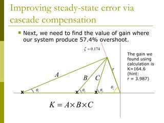 Improving steady-state error via
cascade compensation


Next, we need to find the value of gain where
our system produce 57.4% overshoot.
ζ = 0.174

r

A
X

θ1

B
X

θ2

K = A× B × C

C
X

θ3

θζ

The gain we
found using
calculation is
K=164.6
(hint:
r = 3.987)

 