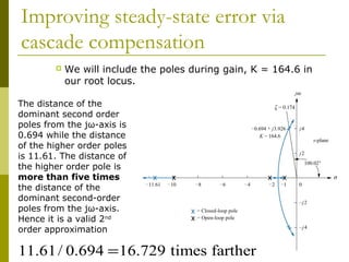 Improving steady-state error via
cascade compensation


We will include the poles during gain, K = 164.6 in
our root locus.

The distance of the
dominant second order
poles from the jω-axis is
0.694 while the distance
of the higher order poles
is 11.61. The distance of
the higher order pole is
more than five times
the distance of the
dominant second-order
poles from the jω-axis.
Hence it is a valid 2nd
order approximation

11.61 / 0.694 = 16.729 times farther

 