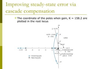 Improving steady-state error via
cascade compensation


The coordinate of the poles when gain, K = 158.2 are
plotted in the root locus

 