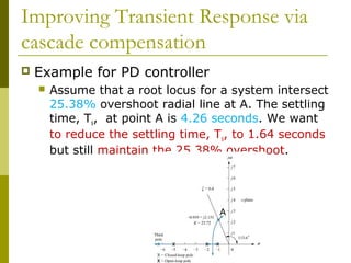 Improving Transient Response via
cascade compensation


Example for PD controller


Assume that a root locus for a system intersect
25.38% overshoot radial line at A. The settling
time, Ts, at point A is 4.26 seconds. We want
to reduce the settling time, Ts, to 1.64 seconds
but still maintain the 25.38% overshoot.

A

 
