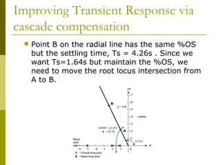 Improving Transient Response via
cascade compensation


Point B on the radial line has the same %OS
but the settling time, Ts = 4.26s . Since we
want Ts=1.64s but maintain the %OS, we
need to move the root locus intersection from
A to B.

 
