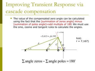 Improving Transient Response via
cascade compensation


The value of the compensated zero angle can be calculated
using the fact that the [summation of zeros angle] minus
[summation of poles angle]=odd multiple of 180̊. We must use
the sine, cosine and tangent rules to calculate the angles.
ζ = 0.504

−3.613 + j 6.193

A
X

θ1

B
X

θ2

hint:
r = 7.167)

r

C
θ3 θ

ζ

O

D
θ4

X

∑ angle zeros − ∑ angle poles = 180o

 
