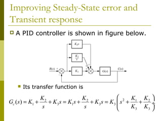 Improving Steady-State error and
Transient response


A PID controller is shown in figure below.



Its transfer function is

 2 K1 K 2 
K2
K2
Gc ( s ) = K1 +
+ K 3 s = K1s +
+ K3s = K3  s +
+
÷
s
s
K3 K3 


 