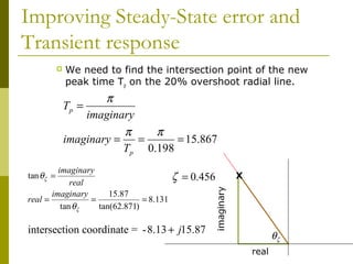 Improving Steady-State error and
Transient response


We need to find the intersection point of the new
peak time Tp on the 20% overshoot radial line.

π
imaginary
π
π
imaginary =
=
= 15.867
Tp 0.198

Tp =

imaginary
real
imaginary
15.87
real =
=
= 8.131
tan θζ
tan(62.871)
tan θζ =

ζ = 0.456

X

intersection coordinate = - 8.13 + j15.87

θζ
real

 