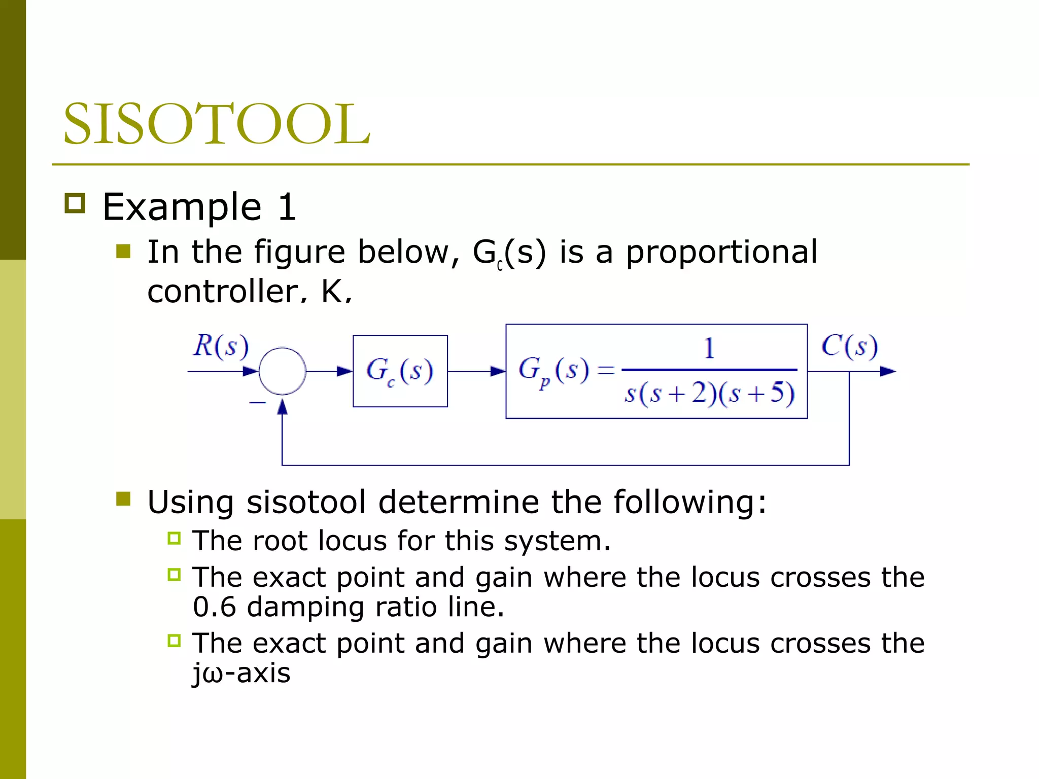 SISOTOOL


Example 1


In the figure below, Gc(s) is a proportional
controller, K,



Using sisotool determine the following:





The root locus for this system.
The exact point and gain where the locus crosses the
0.6 damping ratio line.
The exact point and gain where the locus crosses the
jω-axis

 