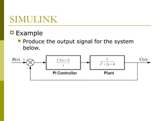SIMULINK


Example


Produce the output signal for the system
below.

 