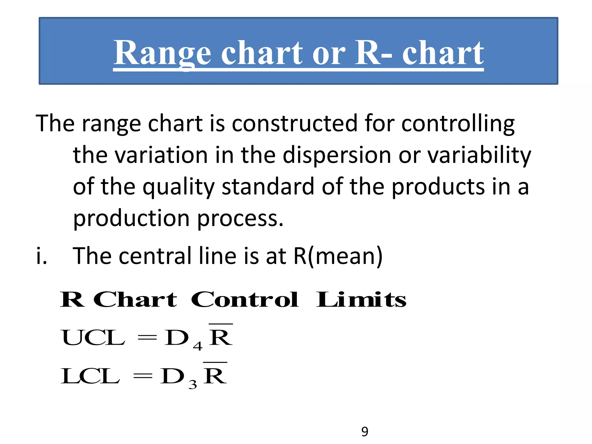 Range chart or R- chart
The range chart is constructed for controlling
the variation in the dispersion or variability
of the quality standard of the products in a
production process.
i. The central line is at R(mean)
RD=LCL
RD=UCL
3
4
LimitsControlChartR
9
 
