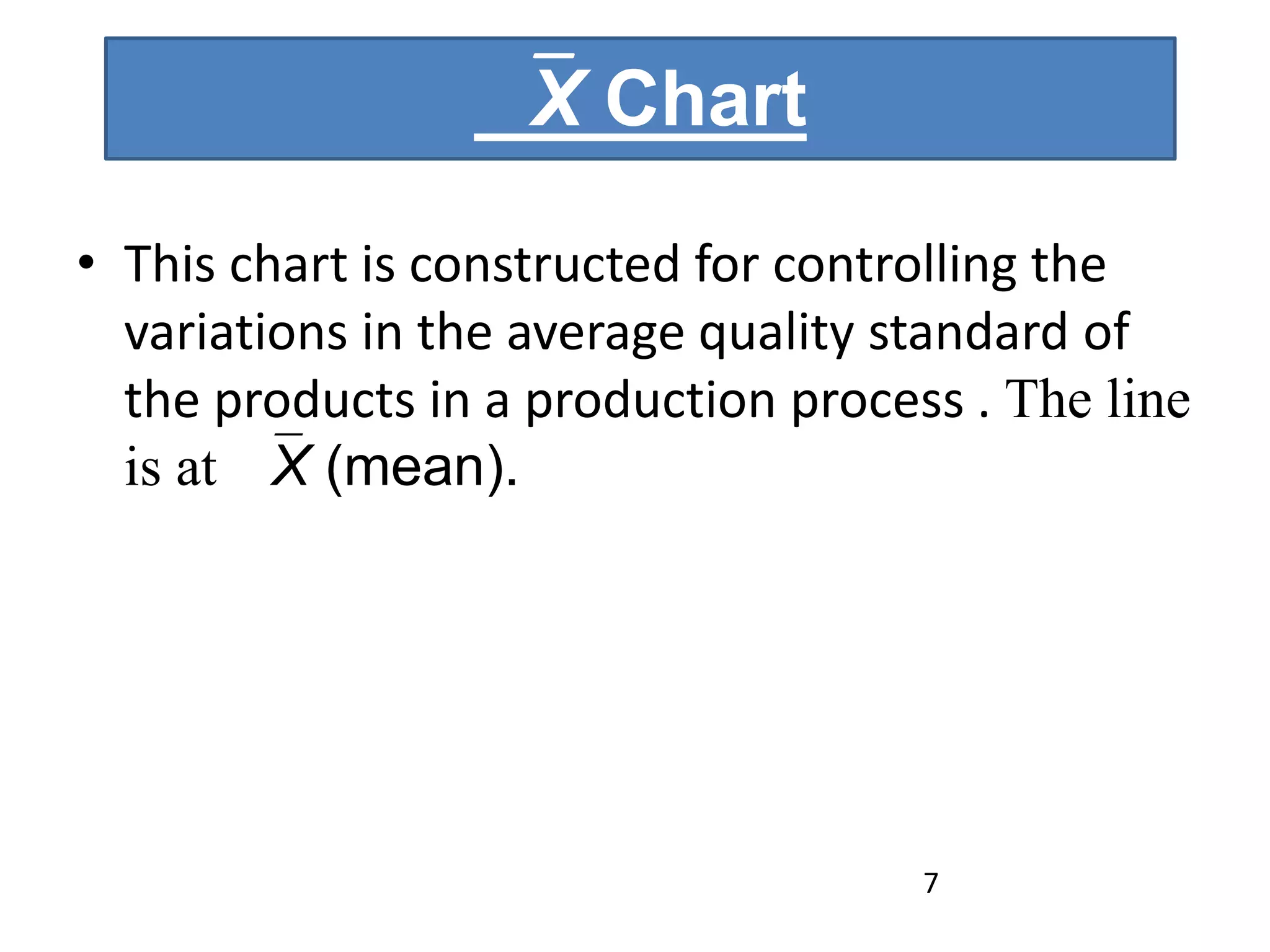 • This chart is constructed for controlling the
variations in the average quality standard of
the products in a production process . The line
is at  X (mean).
 X Chart
7
 