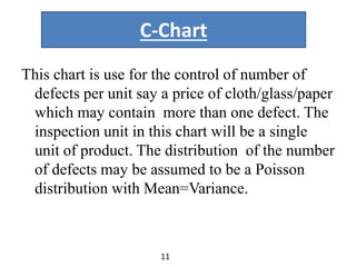 C-Chart
This chart is use for the control of number of
defects per unit say a price of cloth/glass/paper
which may contain more than one defect. The
inspection unit in this chart will be a single
unit of product. The distribution of the number
of defects may be assumed to be a Poisson
distribution with Mean=Variance.
11
 