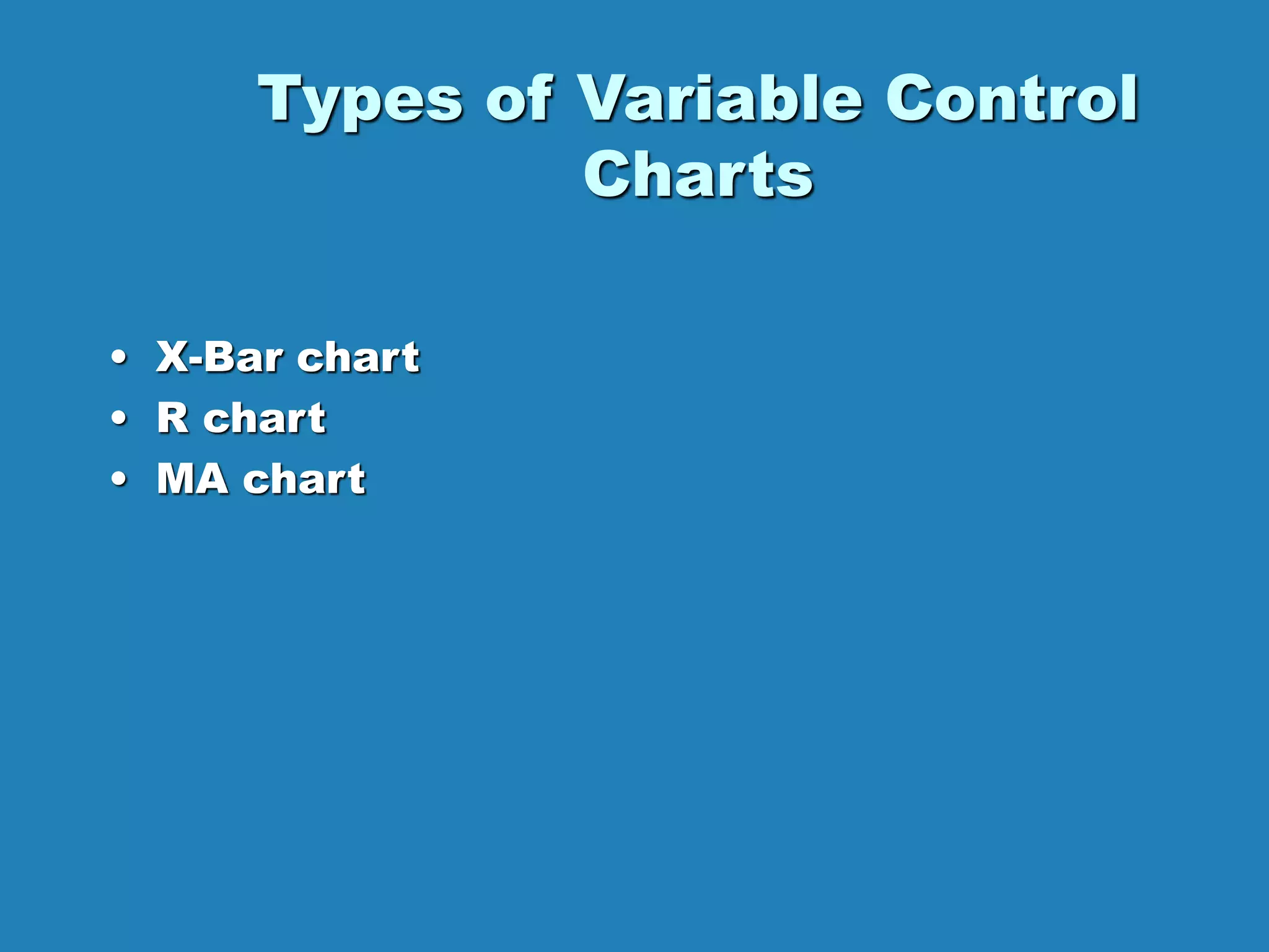 Types of Variable Control
Charts
• X-Bar chart
• R chart
• MA chart
 