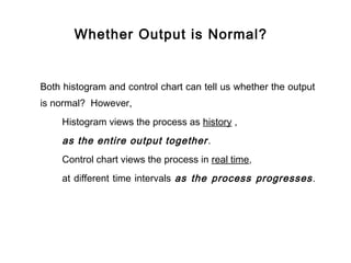 Whether Output is Normal?


Both histogram and control chart can tell us whether the output
is normal? However,
     Histogram views the process as history ,
     as the entire output together .
     Control chart views the process in real time,
     at different time intervals as the process progresses .
 