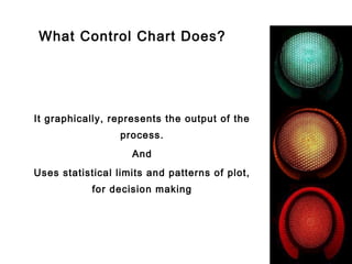 What Control Chart Does?




It graphically, represents the output of the
                  process.
                    And
Uses statistical limits and patterns of plot,
            for decision making
 