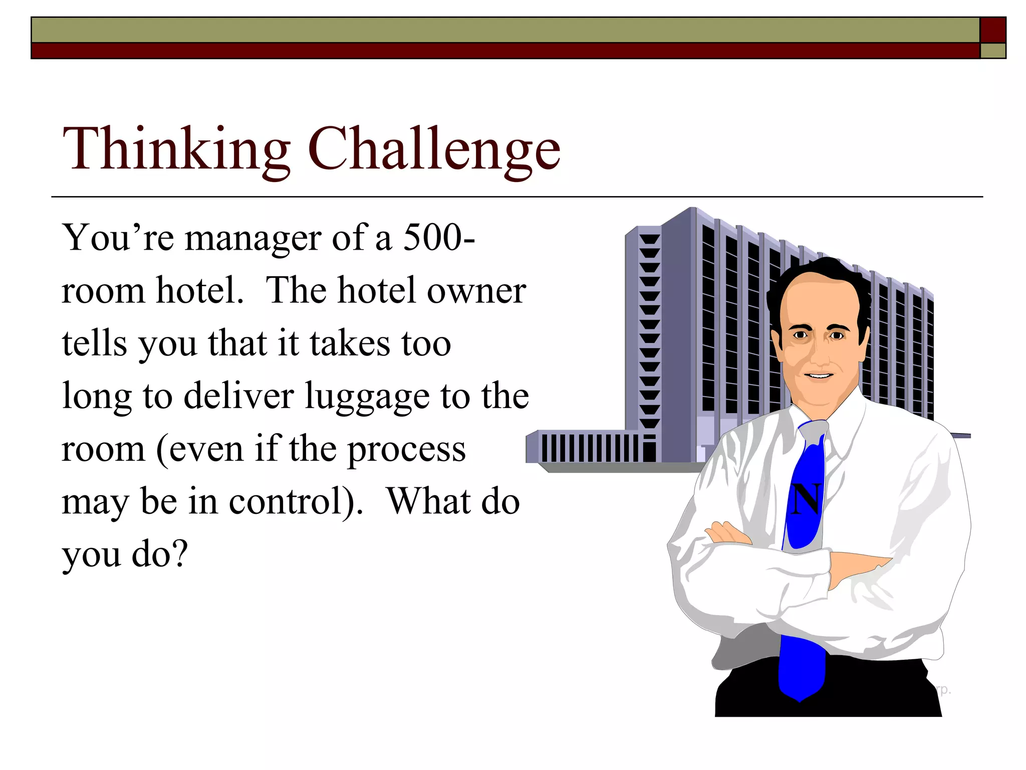Thinking Challenge 
You’re manager of a 500- 
room hotel. The hotel owner 
tells you that it takes too 
long to deliver luggage to the 
room (even if the process 
may be in control). What do 
you do? 
© 1995 Corel Corp. 
N 
 