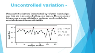 Uncontrolled variation -
Uncontrolled variation is characterized by variation that changes
over time and is associated with special causes. The outcomes of
this process are unpredictable; a customer may be satisfied or
unsatisfied given this unpredictability.
 