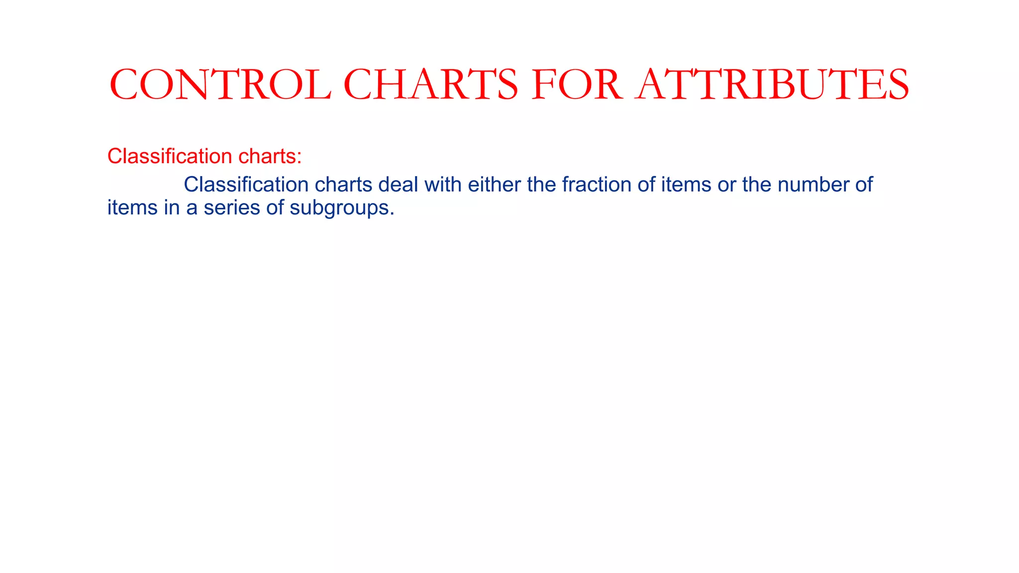 CONTROL CHARTS FOR ATTRIBUTES
Classification charts:
Classification charts deal with either the fraction of items or the number of
items in a series of subgroups.
 