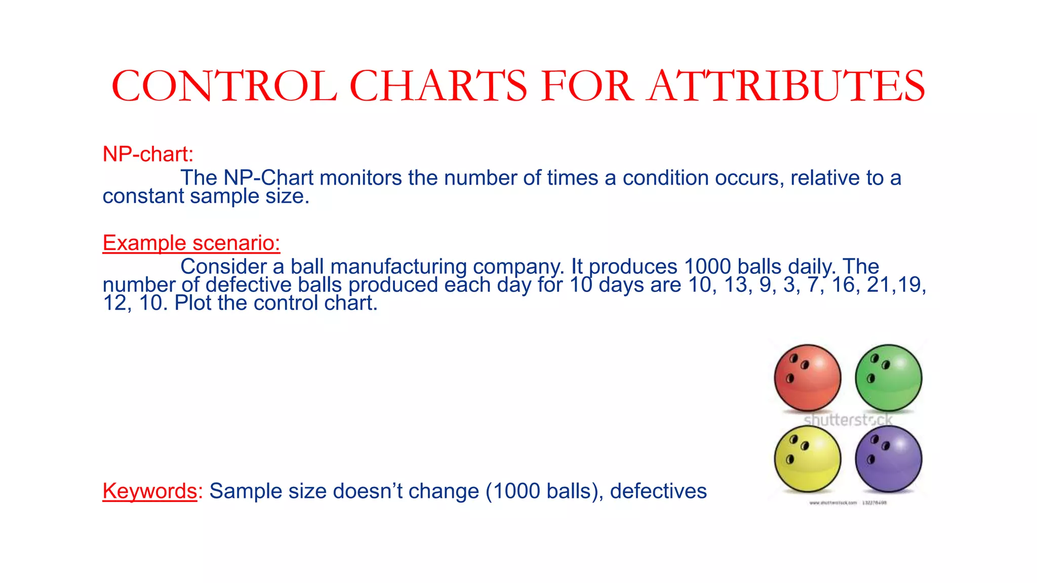 CONTROL CHARTS FOR ATTRIBUTES
NP-chart:
The NP-Chart monitors the number of times a condition occurs, relative to a
constant sample size.
Example scenario:
Consider a ball manufacturing company. It produces 1000 balls daily. The
number of defective balls produced each day for 10 days are 10, 13, 9, 3, 7, 16, 21,19,
12, 10. Plot the control chart.
Keywords: Sample size doesn’t change (1000 balls), defectives
 