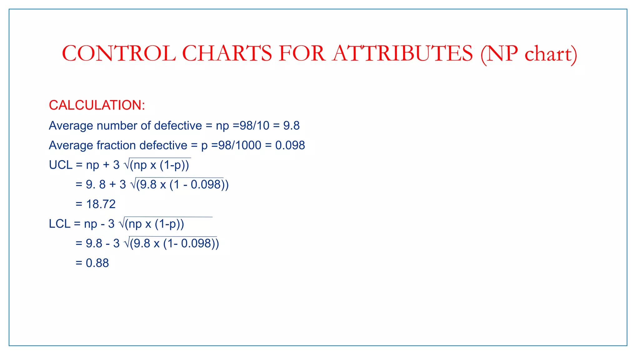 CONTROL CHARTS FOR ATTRIBUTES (NP chart)
CALCULATION:
Average number of defective = np =98/10 = 9.8
Average fraction defective = p =98/1000 = 0.098
UCL = np + 3 √(np x (1-p))
= 9. 8 + 3 √(9.8 x (1 - 0.098))
= 18.72
LCL = np - 3 √(np x (1-p))
= 9.8 - 3 √(9.8 x (1- 0.098))
= 0.88
 
