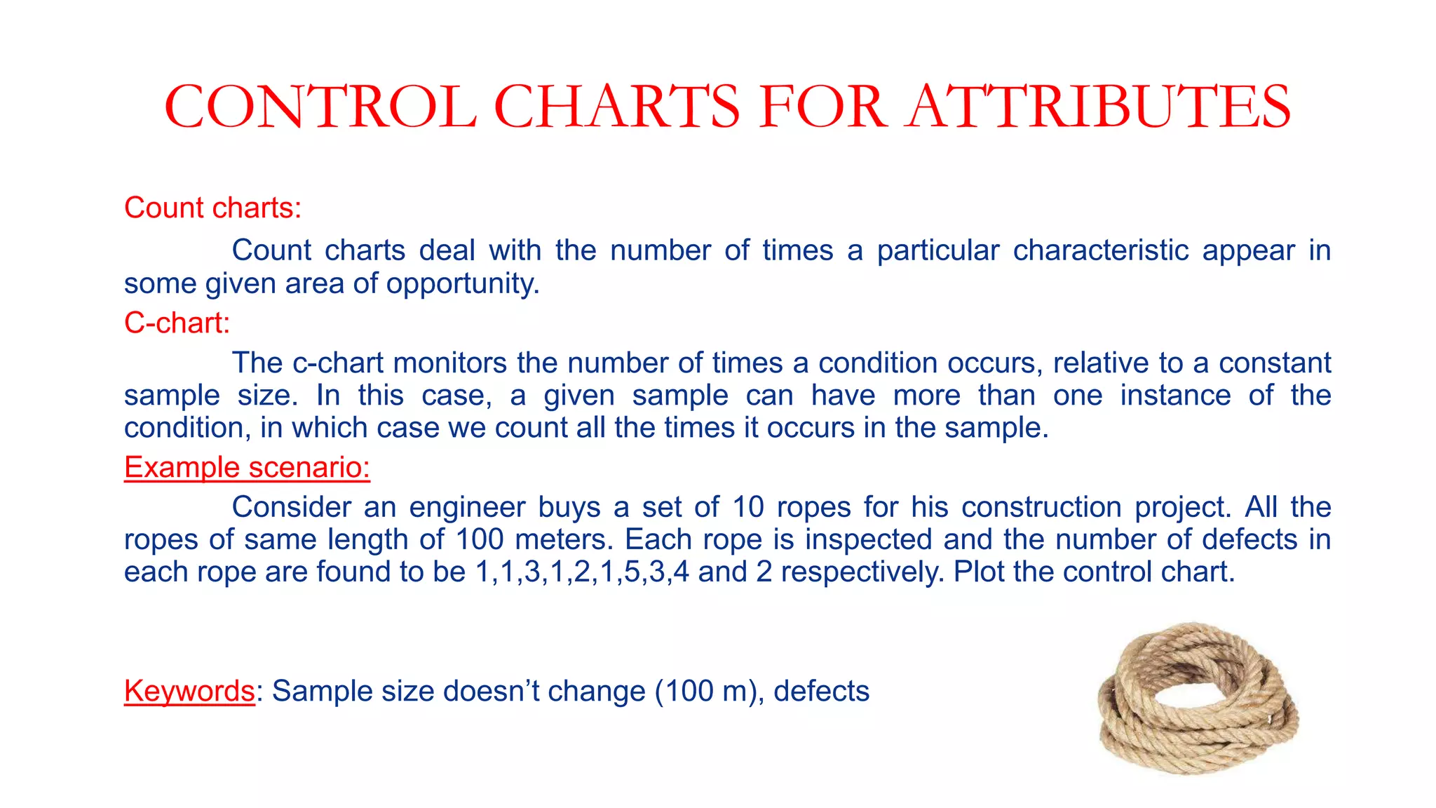 CONTROL CHARTS FOR ATTRIBUTES
Count charts:
Count charts deal with the number of times a particular characteristic appear in
some given area of opportunity.
C-chart:
The c-chart monitors the number of times a condition occurs, relative to a constant
sample size. In this case, a given sample can have more than one instance of the
condition, in which case we count all the times it occurs in the sample.
Example scenario:
Consider an engineer buys a set of 10 ropes for his construction project. All the
ropes of same length of 100 meters. Each rope is inspected and the number of defects in
each rope are found to be 1,1,3,1,2,1,5,3,4 and 2 respectively. Plot the control chart.
Keywords: Sample size doesn’t change (100 m), defects
 