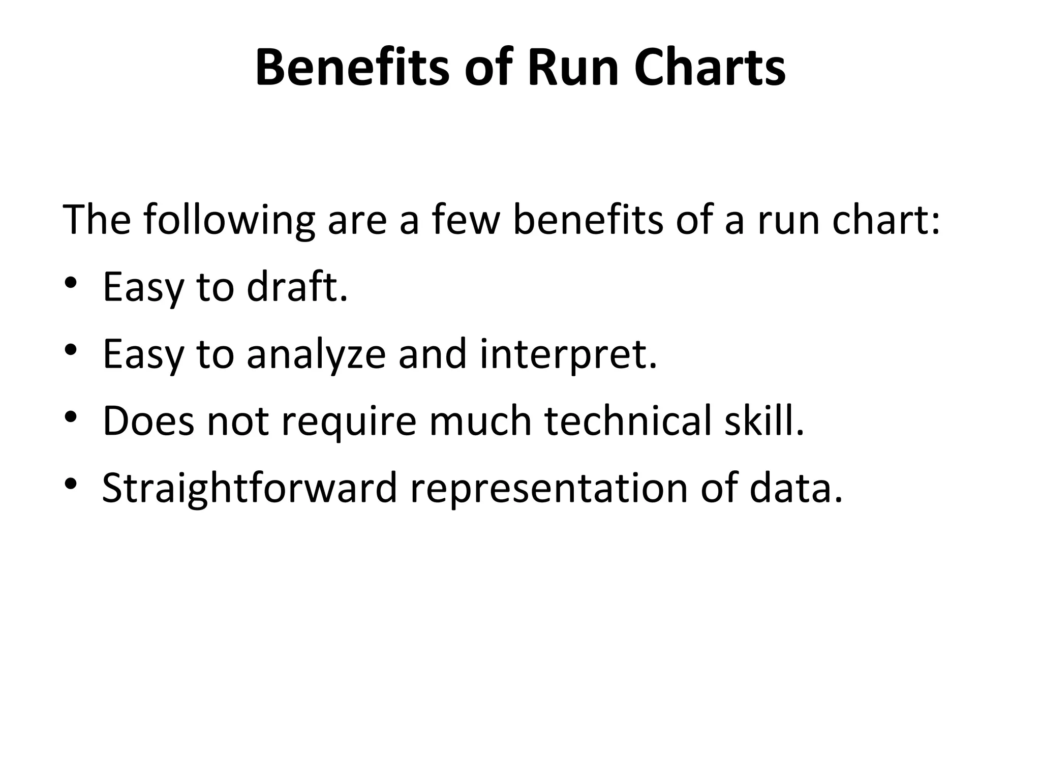 Benefits of Run Charts
The following are a few benefits of a run chart:
• Easy to draft.
• Easy to analyze and interpret.
• Does not require much technical skill.
• Straightforward representation of data.
 