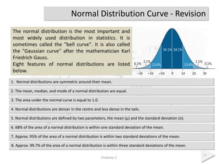 Normal Distribution Curve - Revision
ProSolve 1
16
The normal distribution is the most important and
most widely used distribution in statistics. It is
sometimes called the "bell curve". It is also called
the "Gaussian curve" after the mathematician Karl
Friedrich Gauss.
Eight features of normal distributions are listed
below.
7. Approx. 95% of the area of a normal distribution is within two standard deviations of the mean.
1. Normal distributions are symmetric around their mean.
2. The mean, median, and mode of a normal distribution are equal.
3. The area under the normal curve is equal to 1.0.
4. Normal distributions are denser in the centre and less dense in the tails.
5. Normal distributions are defined by two parameters, the mean (μ) and the standard deviation (σ).
6. 68% of the area of a normal distribution is within one standard deviation of the mean.
8. Approx. 99.7% of the area of a normal distribution is within three standard deviations of the mean.
 