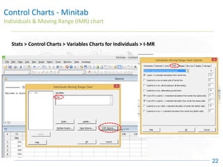 Control Charts - Minitab
Individuals & Moving Range (IMR) chart
22
Stats > Control Charts > Variables Charts for Individuals > I-MR
 