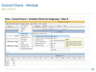 Control Charts - Minitab
Xbar-R Chart
24
Stats > Control Charts > Variables Charts for Subgroups > Xbar-R
 