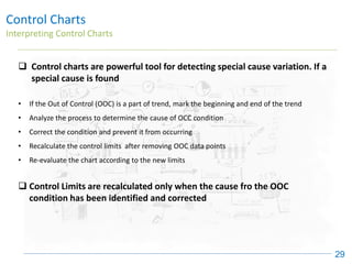 Control Charts
Interpreting Control Charts
29
❑ Control charts are powerful tool for detecting special cause variation. If a
special cause is found
• If the Out of Control (OOC) is a part of trend, mark the beginning and end of the trend
• Analyze the process to determine the cause of OCC condition
• Correct the condition and prevent it from occurring
• Recalculate the control limits after removing OOC data points
• Re-evaluate the chart according to the new limits
❑ Control Limits are recalculated only when the cause fro the OOC
condition has been identified and corrected
 