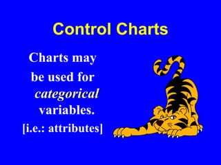 Control Charts
Charts may
be used for
categorical
variables.
[i.e.: attributes]
 