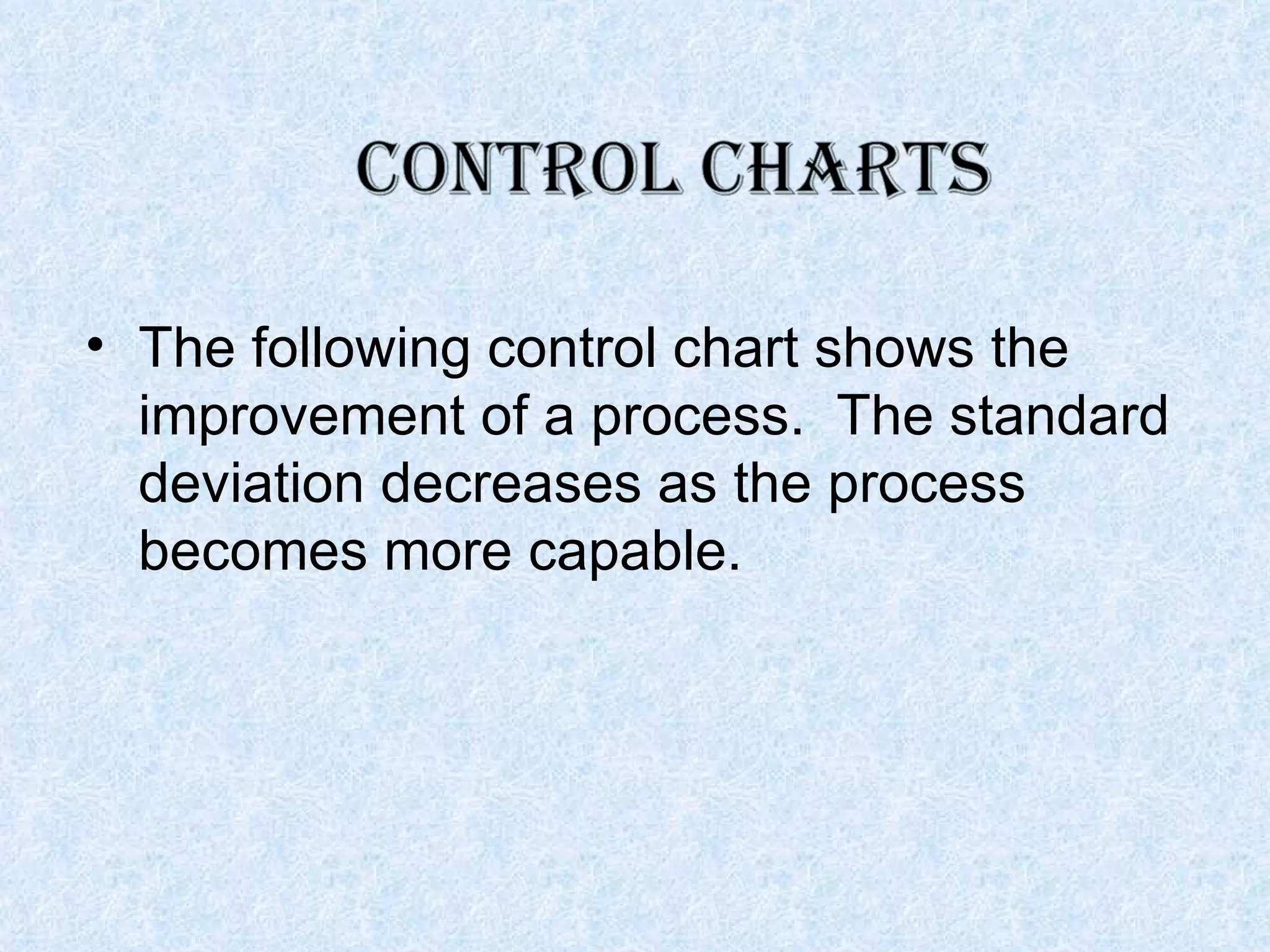 The following control chart shows the improvement of a process.  The standard deviation decreases as the process becomes more capable.  