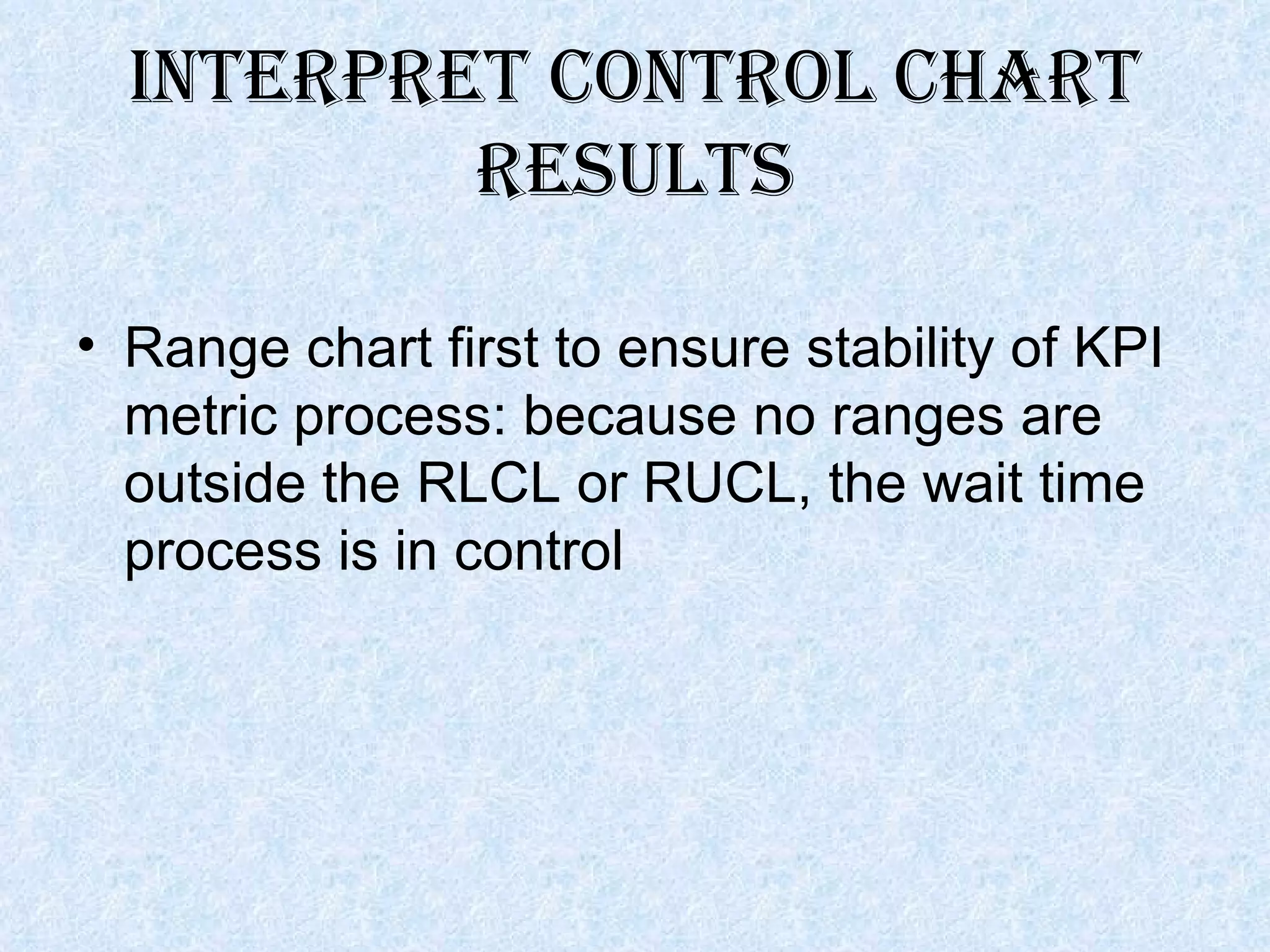 Interpret control chart results Range chart first to ensure stability of KPI metric process: because no ranges are outside the RLCL or RUCL, the wait time process is in control  