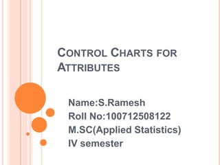 CONTROL CHARTS FOR
ATTRIBUTES
Name:S.Ramesh
Roll No:100712508122
M.SC(Applied Statistics)
IV semester
 