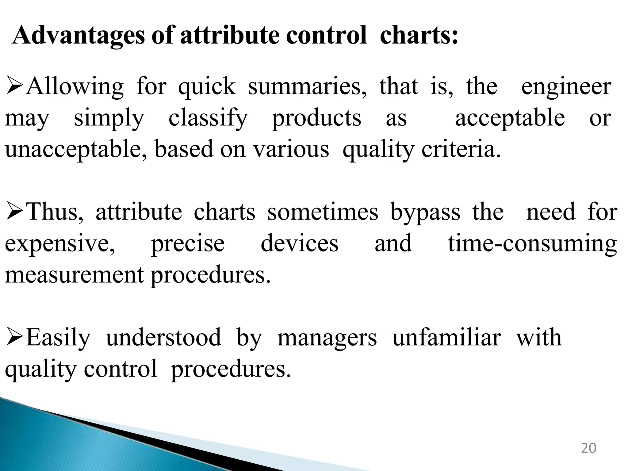 20
Advantages of attribute control charts:
Allowing for quick summaries, that is, the engineer
may simply classify products as acceptable or
unacceptable, based on various quality criteria.
Thus, attribute charts sometimes bypass the need for
expensive, precise devices and time-consuming
measurement procedures.
Easily understood by managers unfamiliar with
quality control procedures.
 