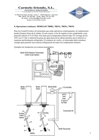 8. Operaciones continuas: MODELOS 70008x, 70015x, 70025x, 70035x

Para los Control Coolers sin termostato que están operativos continuamente, la condensación
puede formarse fuera de la cabina. Si esto ocurre, se ha de regular el aire comprimido a una
posición inferior (3.5-4.2 bar). Esto hará que la temperatura interior baje 2ºC en lugar de los
10ºC con 5.5 bar y reducirá las gotas de agua fuera de la cabina mientras que el interior se
mantiene perfectamente refrigerado. El conducto de vinilo y el silenciador debe instalarse
siempre para permitir una correcta refrigeración de todos los componentes internos.

Ejemplos de instalación con sistema termostático:




                                                                                                  6
 