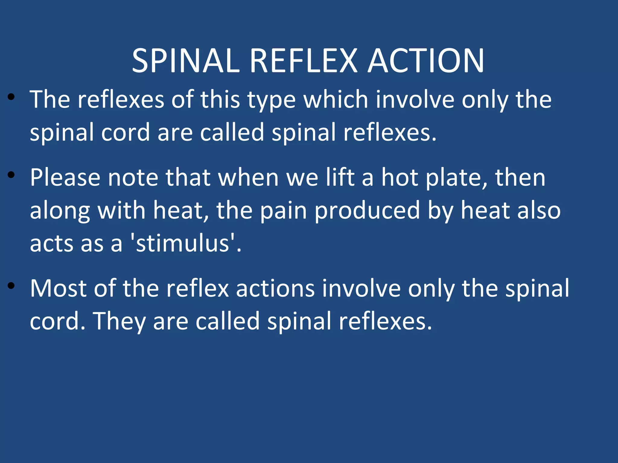 SPINAL REFLEX ACTION
• The reflexes of this type which involve only the
spinal cord are called spinal reflexes.
• Please note that when we lift a hot plate, then
along with heat, the pain produced by heat also
acts as a 'stimulus'.
• Most of the reflex actions involve only the spinal
cord. They are called spinal reflexes.
 