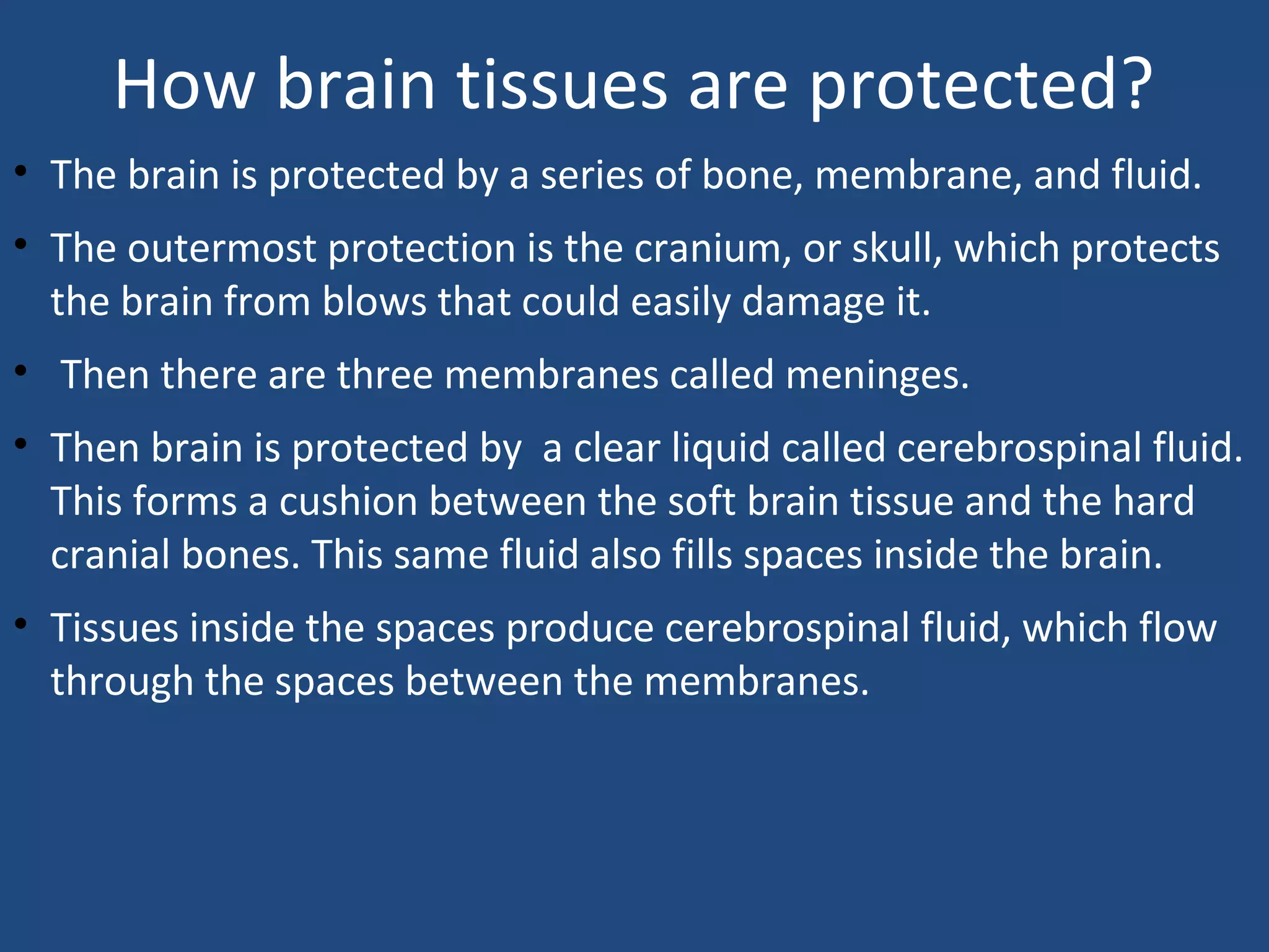How brain tissues are protected?
• The brain is protected by a series of bone, membrane, and fluid.
• The outermost protection is the cranium, or skull, which protects
the brain from blows that could easily damage it.
• Then there are three membranes called meninges.
• Then brain is protected by a clear liquid called cerebrospinal fluid.
This forms a cushion between the soft brain tissue and the hard
cranial bones. This same fluid also fills spaces inside the brain.
• Tissues inside the spaces produce cerebrospinal fluid, which flow
through the spaces between the membranes.
 