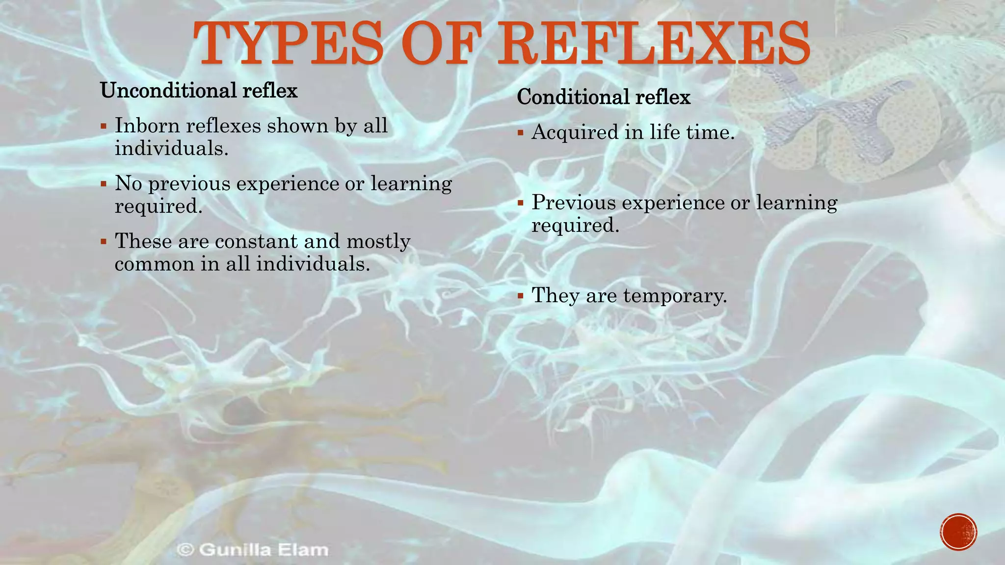 TYPES OF REFLEXES
Unconditional reflex
 Inborn reflexes shown by all
individuals.
 No previous experience or learning
required.
 These are constant and mostly
common in all individuals.
Conditional reflex
 Acquired in life time.
 Previous experience or learning
required.
 They are temporary.
 