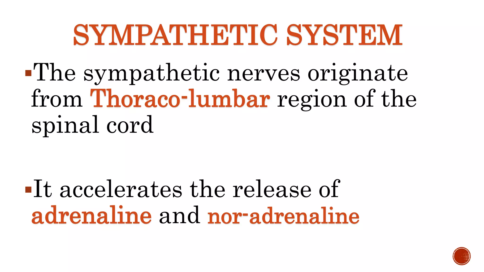 SYMPATHETIC SYSTEM
The sympathetic nerves originate
from Thoraco-lumbar region of the
spinal cord
It accelerates the release of
adrenaline and nor-adrenaline
 