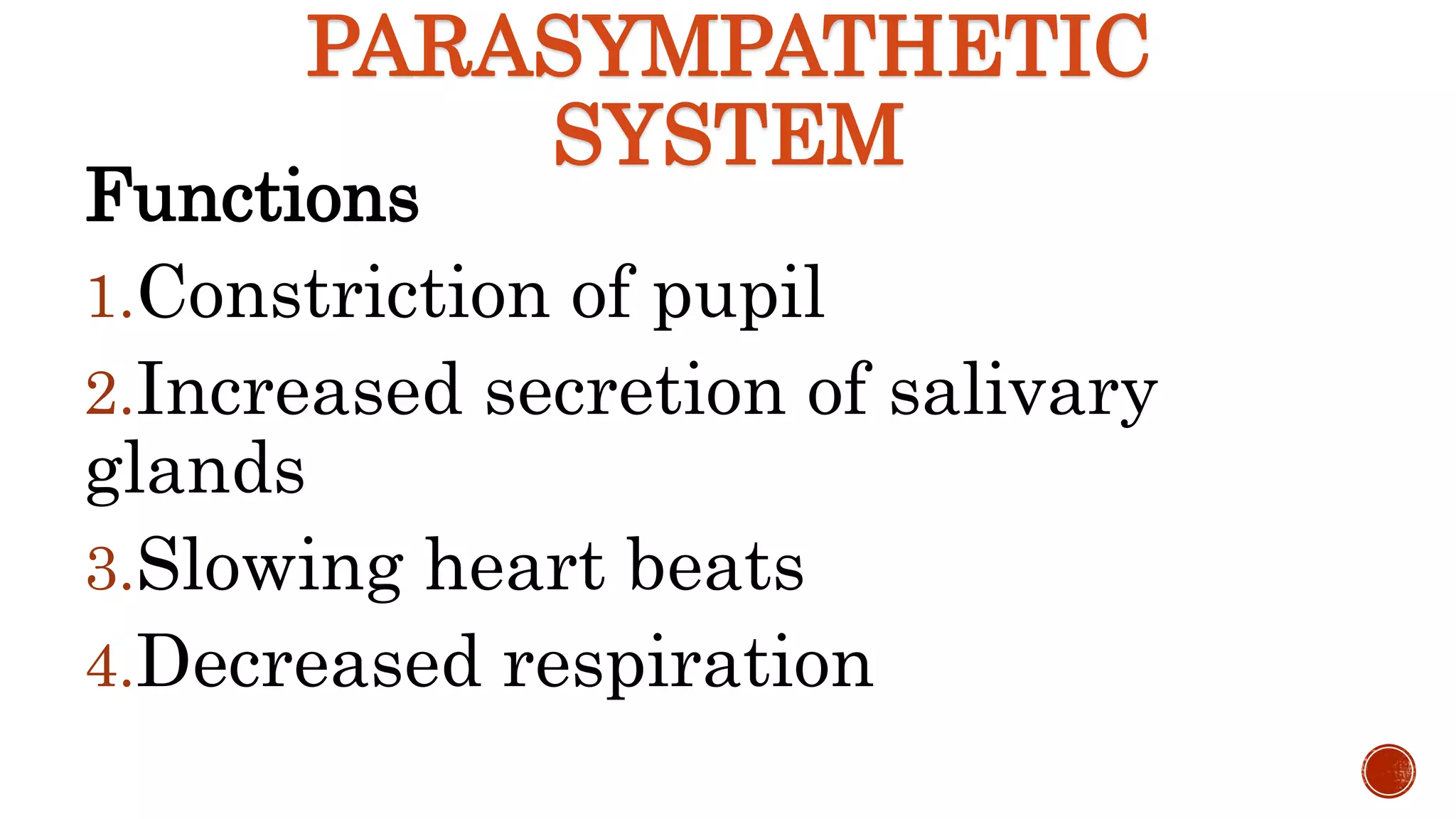 PARASYMPATHETIC
SYSTEM
Functions
1.Constriction of pupil
2.Increased secretion of salivary
glands
3.Slowing heart beats
4.Decreased respiration
 