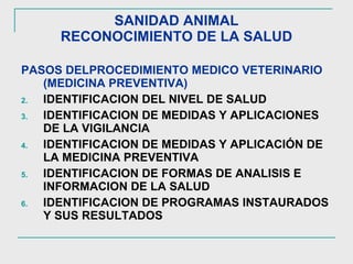 SANIDAD ANIMAL RECONOCIMIENTO DE LA SALUD PASOS DELPROCEDIMIENTO MEDICO VETERINARIO (MEDICINA PREVENTIVA) IDENTIFICACION DEL NIVEL DE SALUD IDENTIFICACION DE MEDIDAS Y APLICACIONES DE LA VIGILANCIA IDENTIFICACION DE MEDIDAS Y APLICACIÓN DE LA MEDICINA PREVENTIVA IDENTIFICACION DE FORMAS DE ANALISIS E INFORMACION DE LA SALUD IDENTIFICACION DE PROGRAMAS INSTAURADOS Y SUS RESULTADOS 
