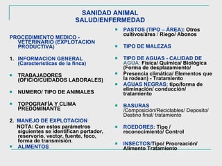 SANIDAD ANIMAL  SALUD/ENFERMEDAD  PROCEDIMIENTO MEDICO - VETERINARIO (EXPLOTACION PRODUCTIVA) 1. INFORMACION GENERAL (Características de la finca) TRABAJADORES (OFICIO/CUIDADOS LABORALES) NUMERO/ TIPO DE ANIMALES TOPOGRAFÍA Y CLIMA PREDOMINANTE 2.  MANEJO DE EXPLOTACION NOTA: Con estos parámetros siguientes se identifican portador, reservorio, vector, fuente, foco, forma de transmisión . ALIMENTOS PASTOS (TIPO – ÁREA):  Otros cultivos/área  /  Riego/   Abonos TIPO DE MALEZAS   TIPO DE AGUAS - CALIDAD DE  AGUA :   Física/ Química/ Biológica (Forma de desplazamiento/ Presencia climática/ Elementos que la rodean) - Tratamiento AGUAS NEGRAS:  tipo/forma de eliminación/ conducción/ tratamiento BASURAS   /Composición/Reciclables/ Deposito/ Destino final/ tratamiento ROEDORES:  Tipo / reconocimiento/  Control INSECTOS/ Tipo/ Procreación/ Alimento Tratamiento 