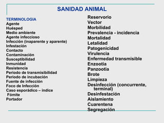 SANIDAD ANIMAL TERMINOLOGIA Agente Huésped  Medio ambiente Agente infeccioso  Infección (inaparente y aparente) Infestación Contacto Contaminación Susceptibilidad Inmunidad Resistencia Periodo de transmisibilidad Periodo de incubación Fuente de infección Foco de Infección Caso esporádico – índice Fómite Portador Reservorio Vector Morbilidad Prevalencia - incidencia Mortalidad Letalidad Patogenicidad Virulencia Enfermedad transmisible Enzootia Panzootia Brote Limpieza Desinfección (concurrente, terminal) Desinfestación Aislamiento Cuarentena Segregación 