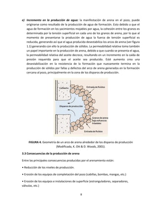 8
e) Incremento en la producción de agua: la manifestación de arena en el pozo, puede
originarse como resultado de la producción de agua de formación. Esto debido a que el
agua de formación en los yacimientos mojables por agua, la cohesión entre los granos es
determinada por la tensión superficial en cada uno de los granos de arena, por lo que al
momento de presentarse la producción de agua la fuerza de tensión superficial es
reducida, generando así que el agua producida desestabiliza los arcos de arena (ver figura
1.1) generando con ello la producción de sólidos. La permeabilidad relativa toma también
un papel importante en la producción de arena, debido a que cuando se presenta el agua,
la permeabilidad relativa del aceite decrece, resultando en un incremento en la caída de
presión requerida para que el aceite sea producido. Esté aumento crea una
desestabilización en la resistencia de la formación que nuevamente termina en la
producción de sólidos por fallas y defectos del arco de arena generados en la formación
cercana al pozo, principalmente en la zona de los disparos de producción.
FIGURA 4. Geometría de un arco de arena alrededor de los disparos de producción
(Modificada, K. Ott & D. Woods, 2001).
3.3 Consecuencias de la producción de arena
Entre las principales consecuencias producidas por el arenamiento están:
• Reducción de los niveles de producción.
• Erosión de los equipos de completación del pozo (cabillas, bombas, mangas, etc.)
• Erosión de los equipos e instalaciones de superficie (estranguladores, separadores,
válvulas, etc.)
 